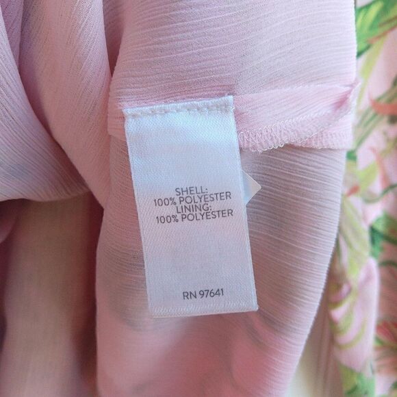 J Jill Pink Tropical Print Chiffon Tunic Top Size MP Hawaiian Tassels 3/4 Sleeve - Picture 10 of 11